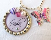 Easter basket Personalized Name Initial Bottle Cap Bottlecap Pink Purple Swarovski Crystal Butterfly Charm Pendant Necklace