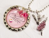 Personalized Name Bottlecap Bottle Cap Pink Rhinestone Crystal Metal Ballerina Charm Pendant Necklace Gift Present Easter Basket