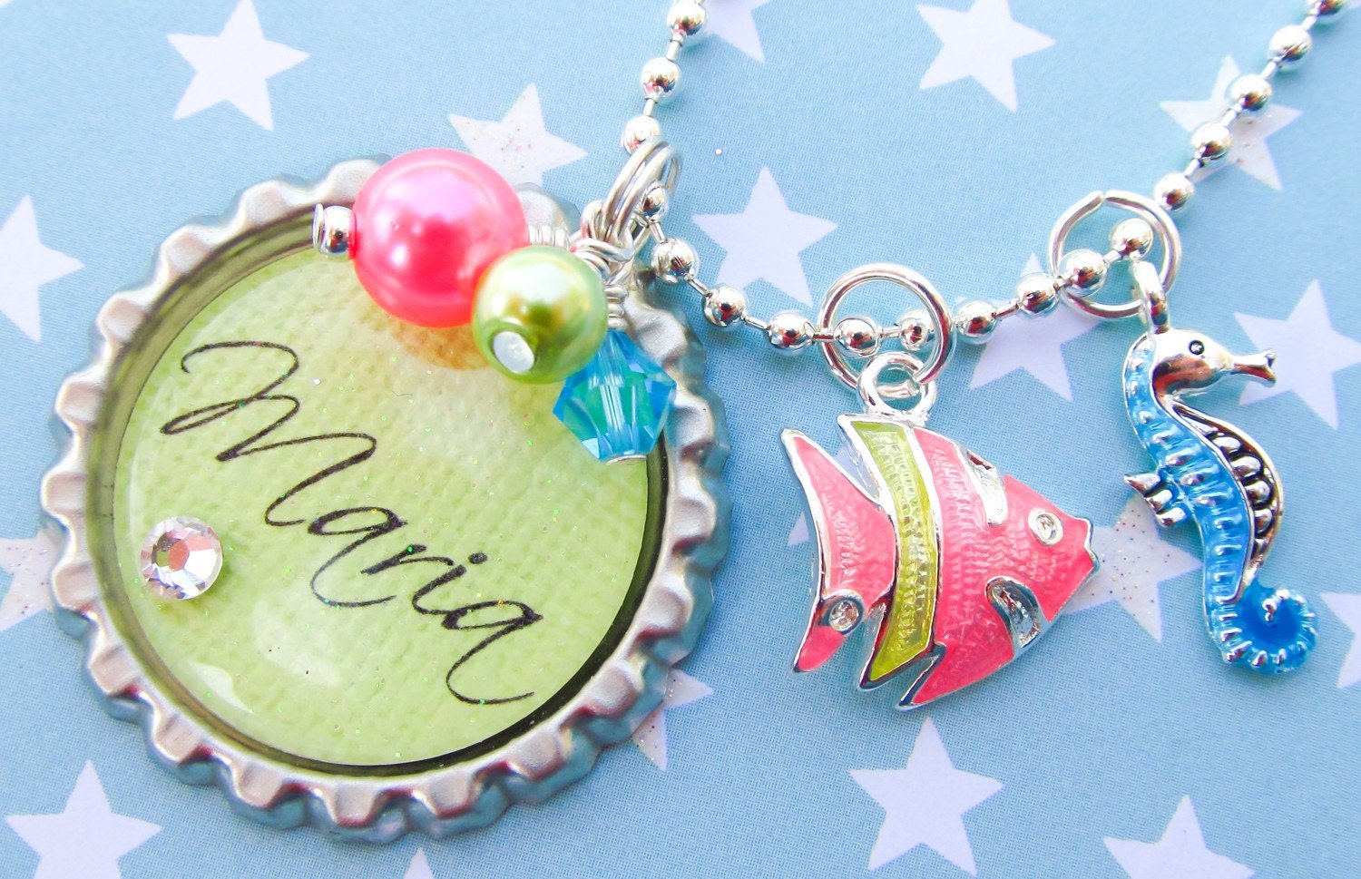 Easter basket Girl's Personalized Name Initial Bottlecap Bottle Cap Blue Aqua Seahorse Pink Green Fish Charm Ocean Beach Summer Sea Necklace