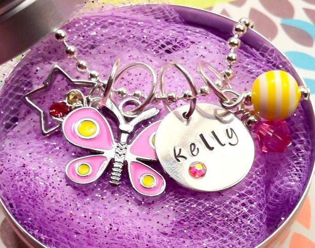 Easter basket Girl's Personalized Name Initial Hand Metal Stamped Pink Yellow Spring Butterfly Charm Pendant Necklace