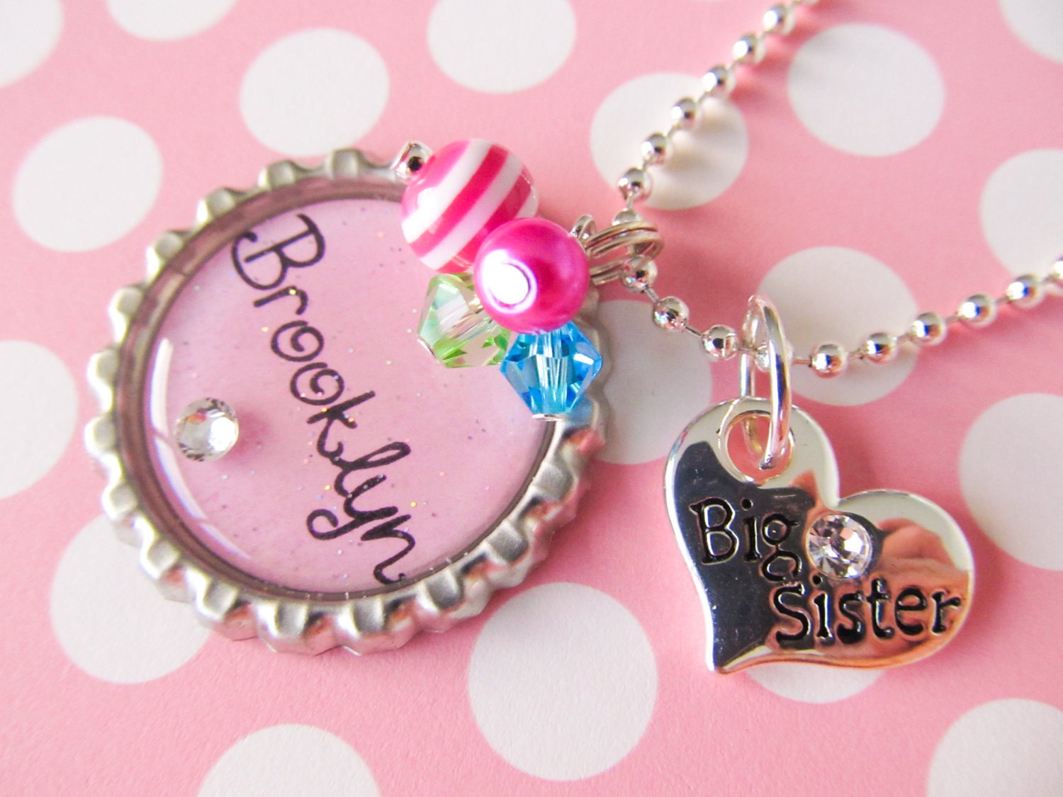 Girl's Personalized Name Initial Bottlecap Bottle Cap Pink Green Blue Silver Lil Little Big Sis Sister Charm Pendant Necklace