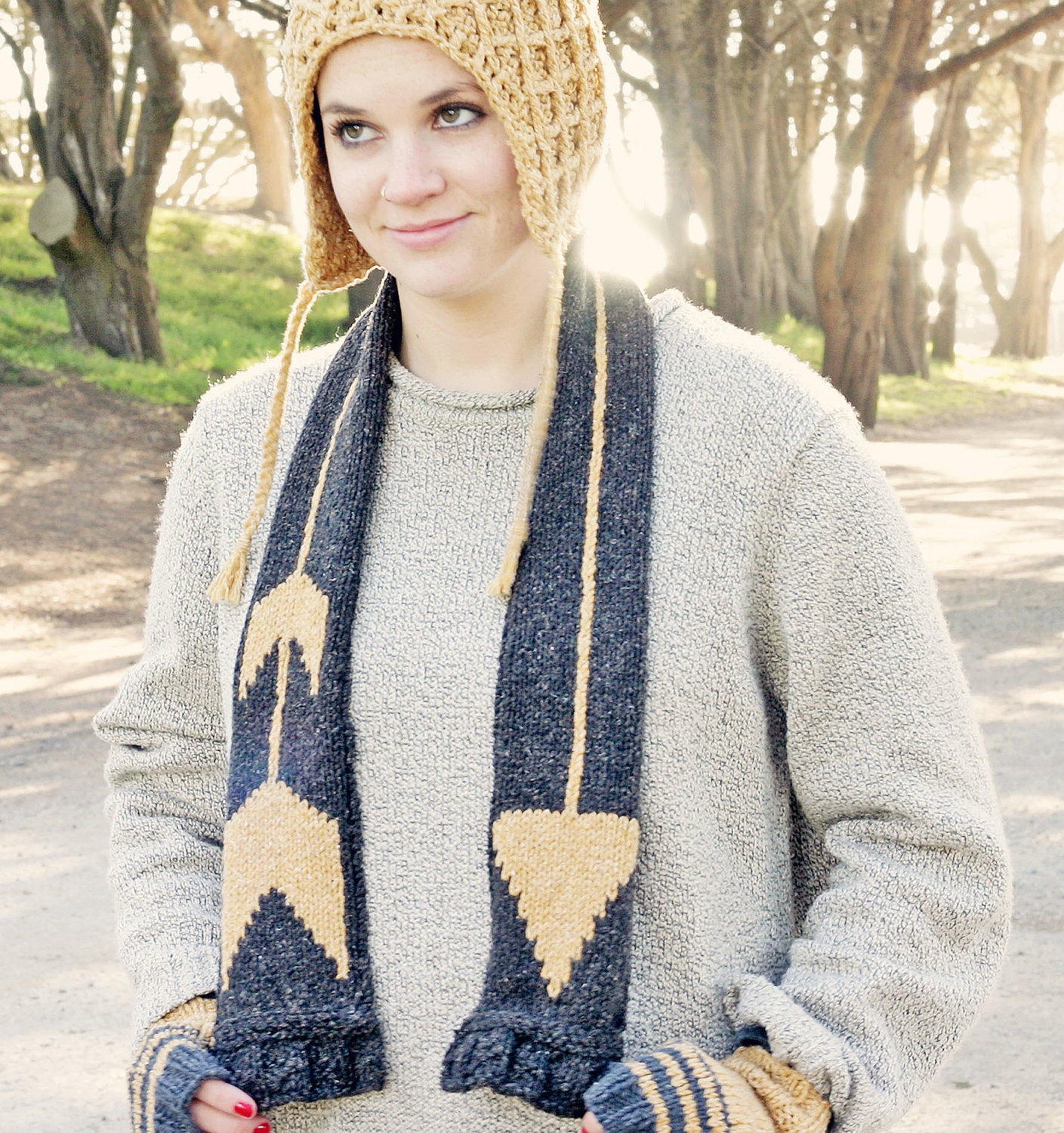 Eco Gold Arrow Knitted Scarf in Recycled Yarn w Charity Tree Donation, Geometric Fashion Accessory, Charcoal Grey Mustard Yellow, Mockingjay