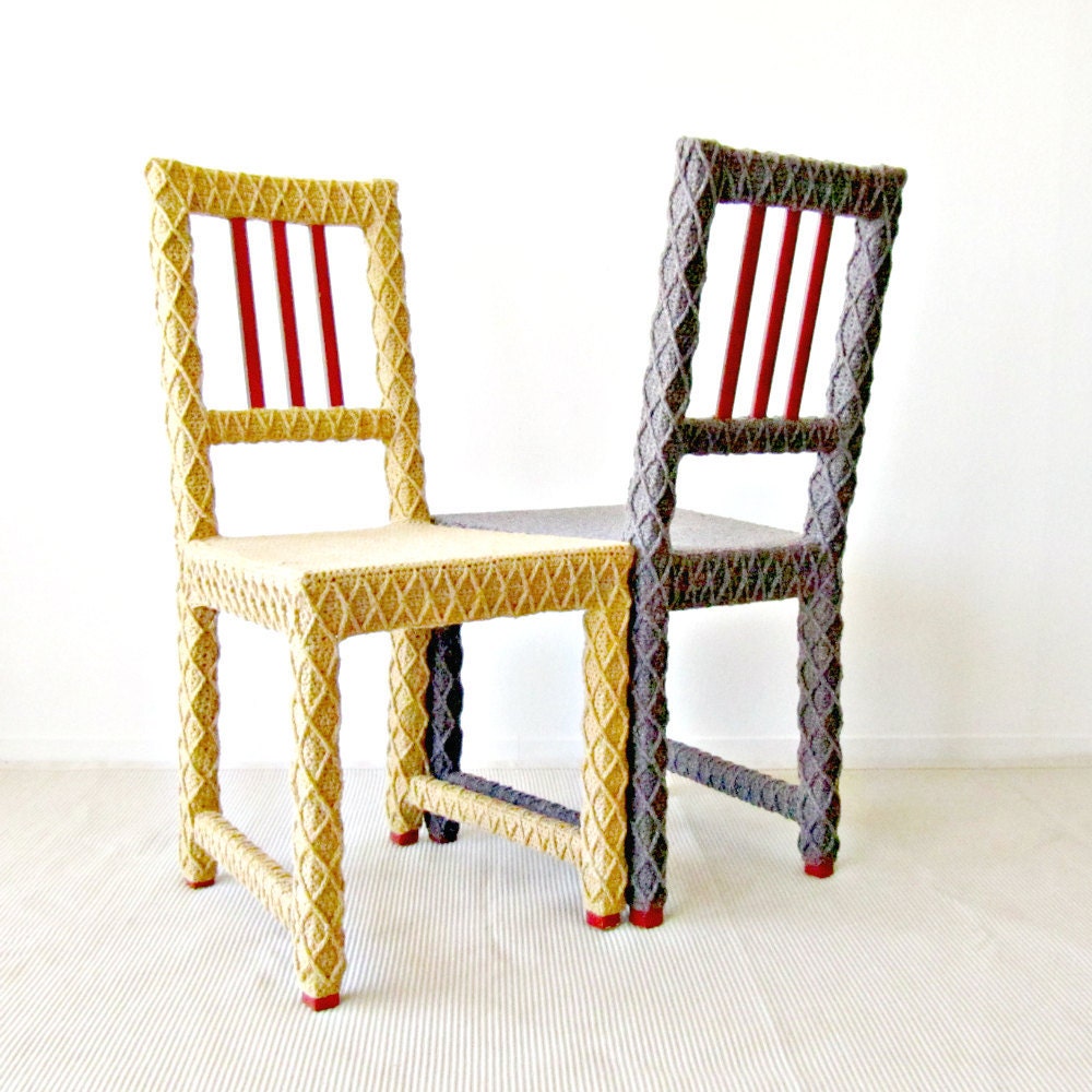 2 Bride & Groom Chairs, Rustic Shabby Chic Wedding, Upcycled Furniture, Crochet Decor, Eco-Friendly Fiber Art by Knits for Life