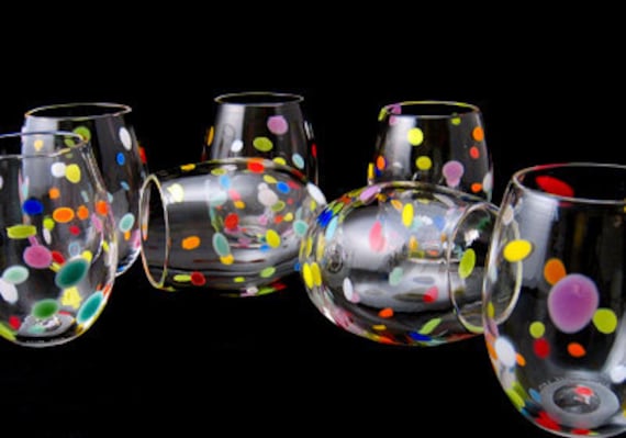 Blown Glass Tumbler Set  Retro Bright Polka Dot Juice Glasses Fun Whimsical