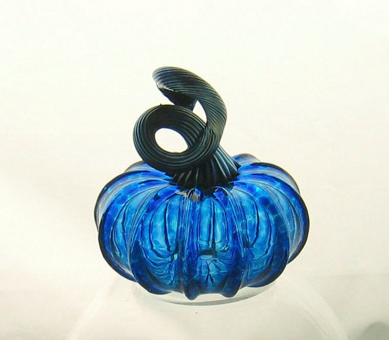 Blown Glass Pumpkin - Small - Transparent Vibrant Blue - Home Decor - Pumpkin Art