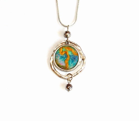 Felt Pendant Necklace Golden river blue gold green silk OOAK
