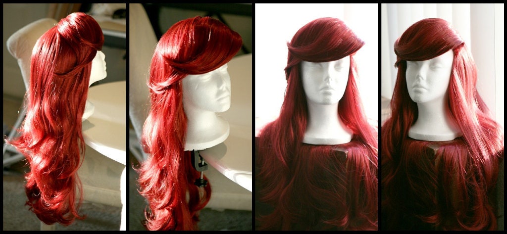 MERMAID/VIXEN WIG, Red Wig with Thick Swoop Bangs and Beautiful Full Waves: One of a Kind High Quality Wig designed by Traci Hines