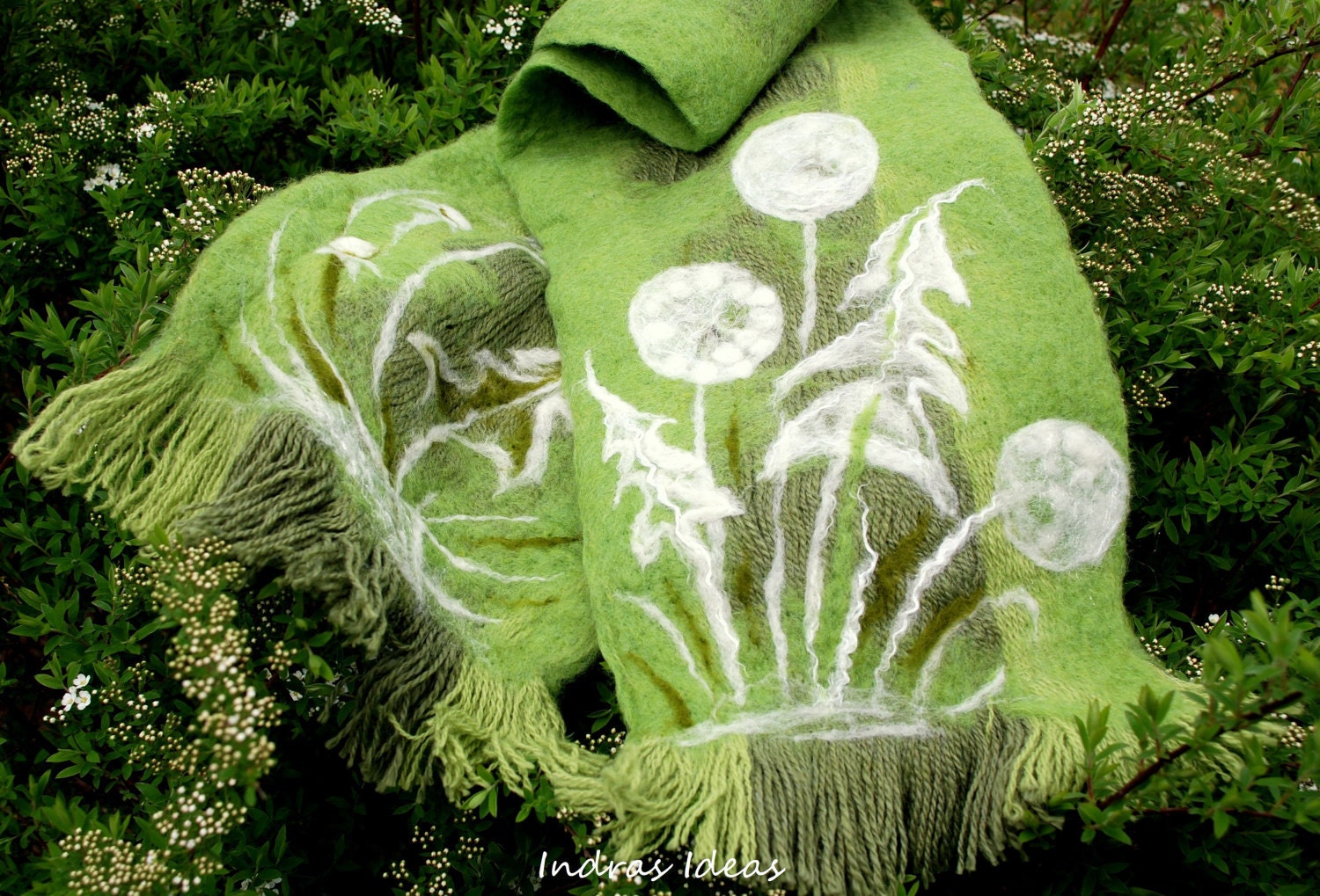 Green, soft wool scarf with white snowy puff fluff dandelion .. - Indrasideas