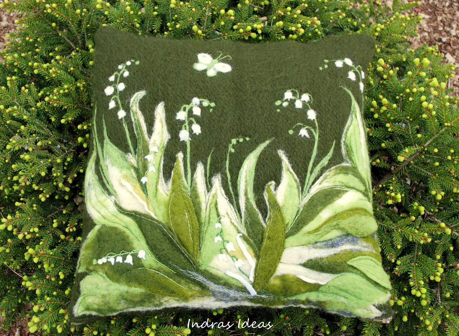 Lilies of the valley - Unique felted pillow cover   16"x16