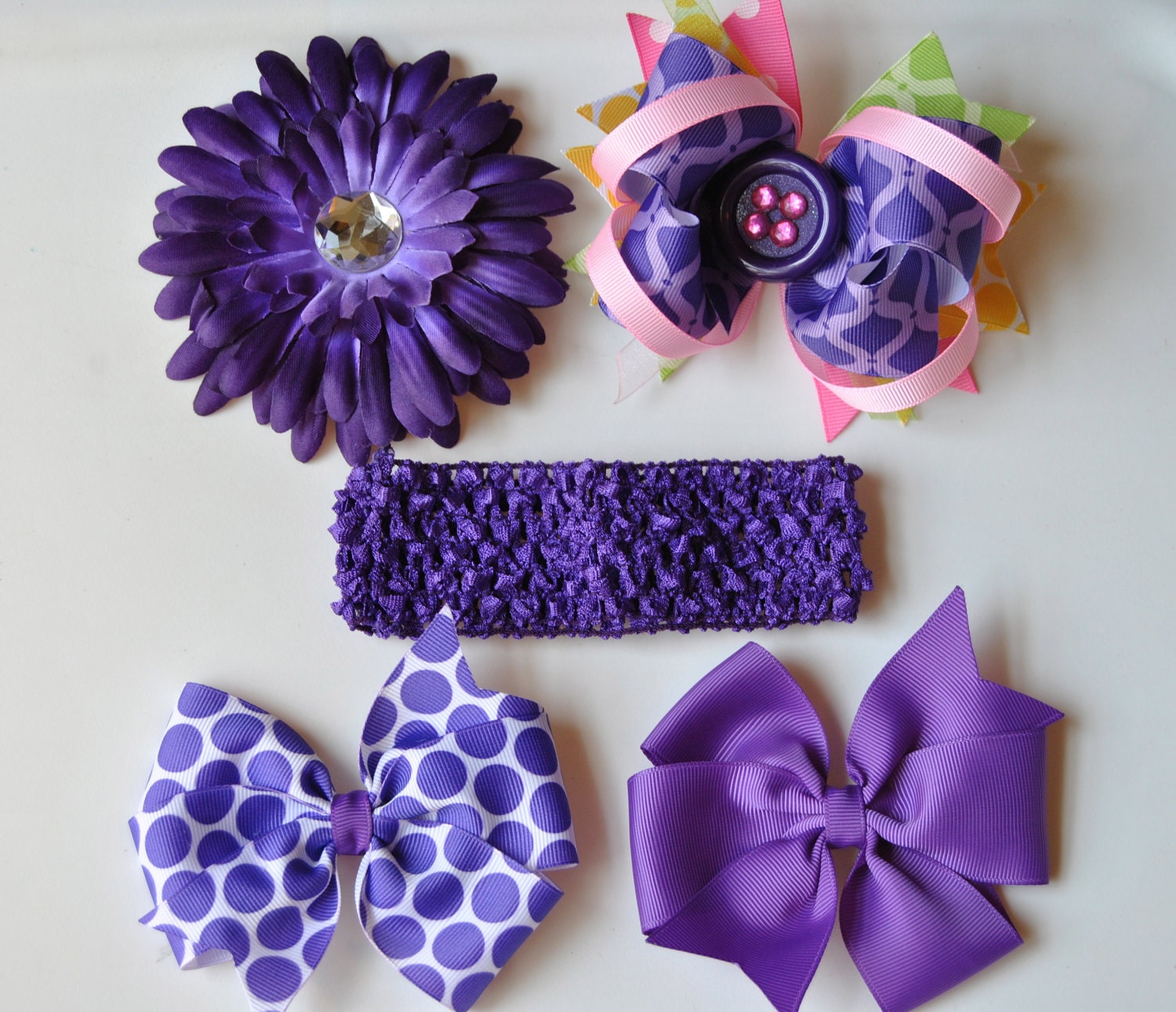 5 piece set-2 Hair bows,1 stacked Boutique Bow,Daisy Flower and crochet headband-Girls Hair bow, Birthday Gift,