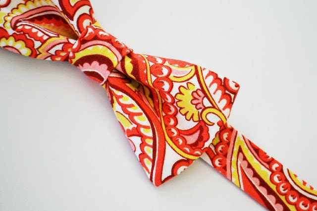 Mens Bow Tie- Coral and Yellow Paisley