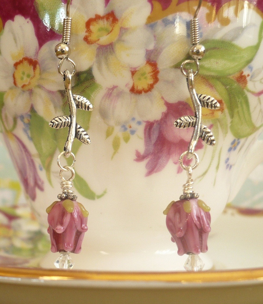 Lampwork Glass Flower Silver Branch Earrings - 5 color choices - LynnetteJewelry