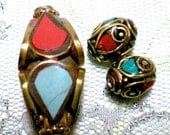Large Turquoise Coral Bead,  Turquoise Coral Pendant, Art Deco - 1 piece