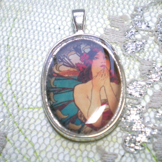 Alphonse Mucha "Monaco Monte Carlo" Art Pendant Charm, Mucha Glass Dome Pendant, Mucha Jewelry