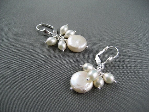 SALE EARRINGS - Cultured Freshwater Pearl Cluster Sterling Silver Lever Back Earrings