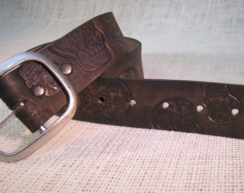 Leather belt - Vintage Aged Leather belt - embossed sugar skull snap belt
