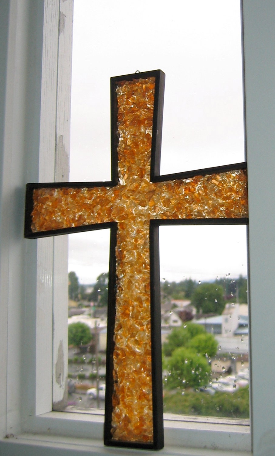 Huge Vintage Lucite Cross. For Window or wall. 1970's. Gold lucite chunks framed in wood. Sun Catcher.