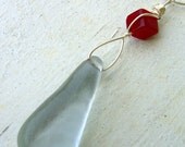 Gray sea glass pendant with wire wrapped square cherry jade bead