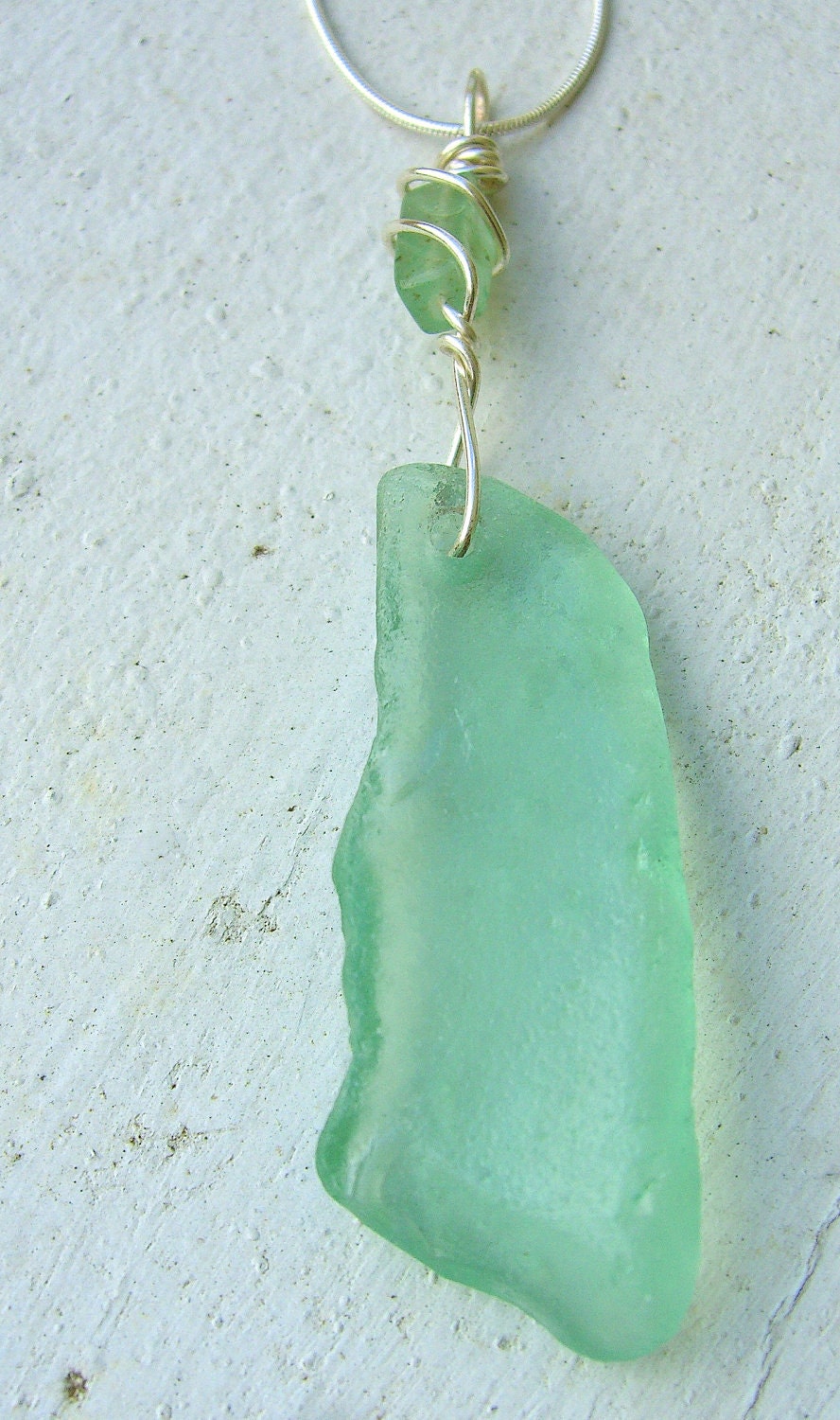 Large pale aqua sea glass pendant with wire wrapped pale jade accent