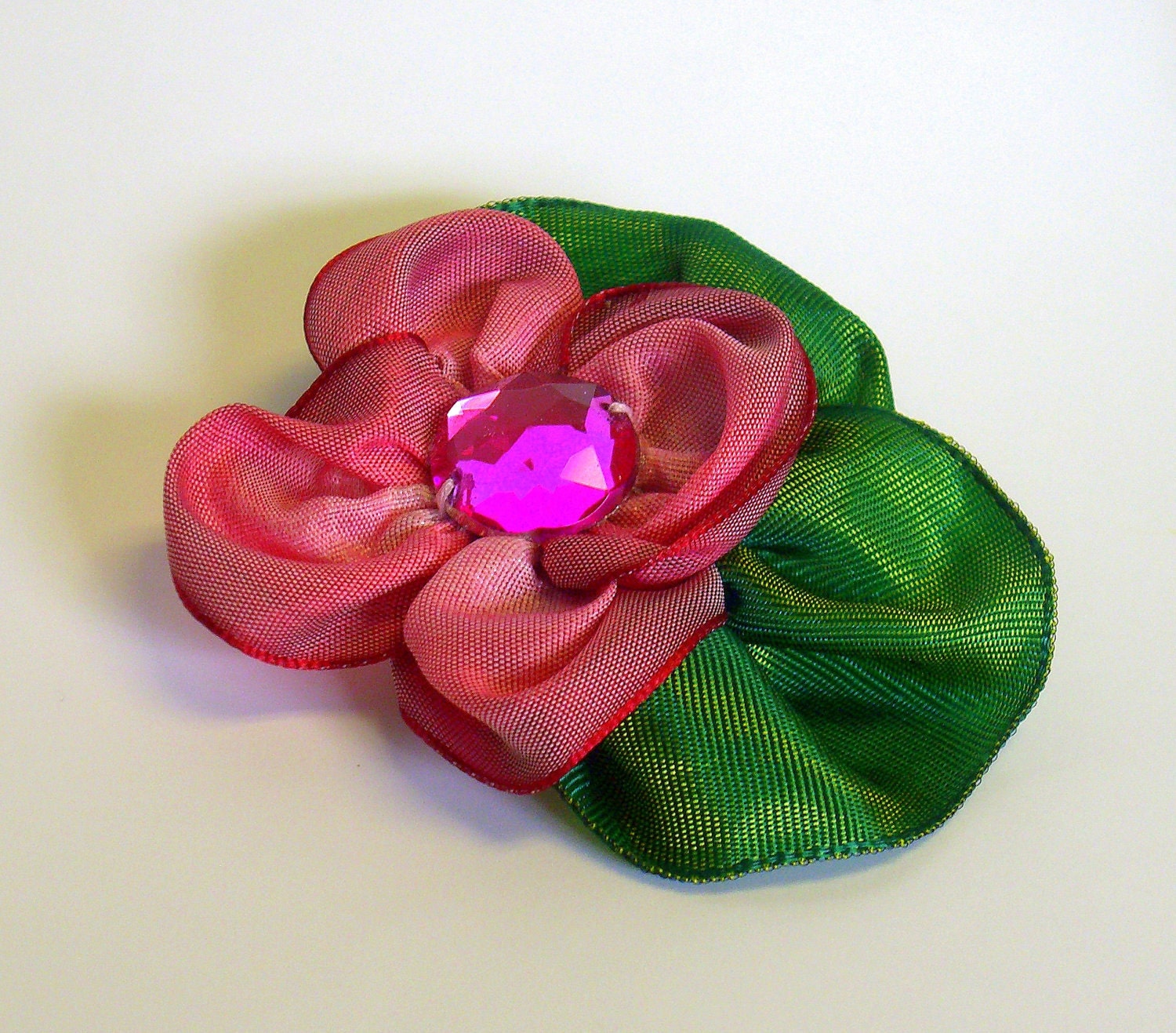 Ombre pink flower hair clip with leaves and hot pink gem
