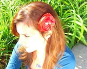 dark red/hot pink  flower hair pin with vintage accent button. Gorgeous. Handmade. Unique.