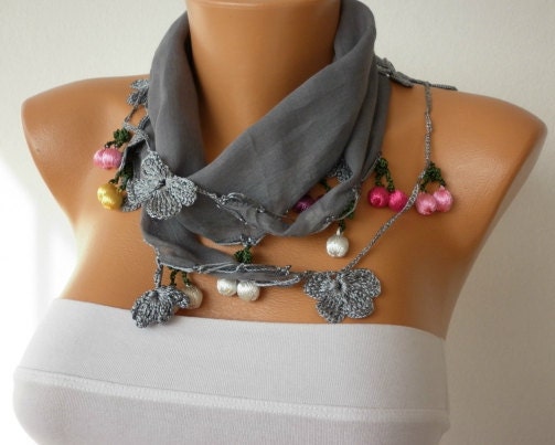 Gray  Scarf ,Cotton  Woman  Cowl with Lace Edge -