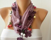 Purple  Scarf ,Cotton Scarf  Woman Cowl with Lace Edge -