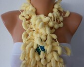 Light Yellow Knit Scarf - Women Scarves - Knitting Cowl - Crochet Scarf - Pompom - Light Yellow