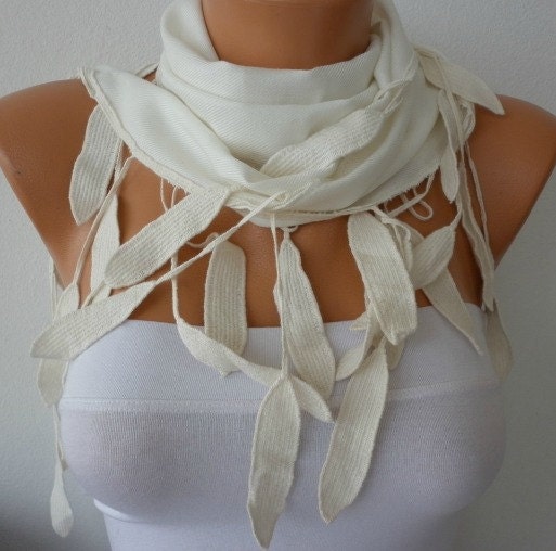 Mother's Day Gift - Women Pashmina  Scarf  - Cotton Scarf -  Cowl with Lace  Edge -  White - fatwoman