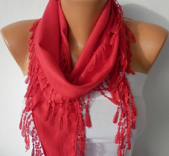 Red Scarf  -  Pashmina Scarf  -  Cowl Scarf with Lace Edge - fatwoman