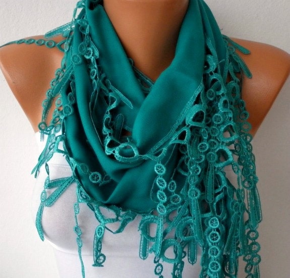 Teal Scarf  -  Pashmina Scarf  -  Cowl Scarf  with Lace Edge - fatwoman - fatwoman