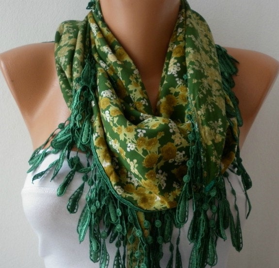 St. Patrick's Day Women Pashmina Scarf - Cotton Scarf - - Cowl with Lace Edge - Multicolor