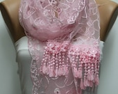 Butterfly Light Pink Scarf -  Cowl with Lace Edge - Butterfly Scarf - Bridesmaid Gift  - Fatwoman