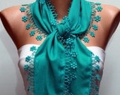 Teal Scarf  -  Pashmina Scarf  -  Cowl with Lace Edge