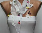 White  Scarf ,Cotton Scarf  Woman Cowl Scarf - fatwoman bridesmaid gift with Lace Edge - Bridal