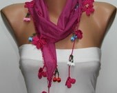 Fuchsia  Scarf ,Cotton Scarf  Woman  Cowl with Lace Edge -