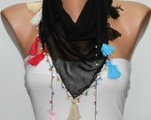 Black Scarf ,Cotton Scarf  Woman  Cowl with Lace Edge -