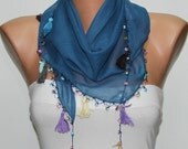 Blue Scarf ,Cotton Scarf  Woman  Cowl with Lace Edge -