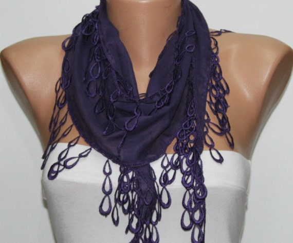 Purple Scarf Shawl  Scarf Cotton Scarf  Cowl Scarf with  Lace Edge - fatwoman