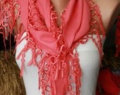 Hot Pink Scarf -  Pashmina Scarf  -  Cowl Scarf with Lace Edge - Coral Shawl - fatwoman