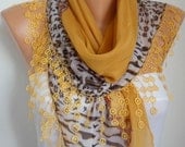 Scarf Shawl  -  Cotton Weddings Scarves -  Cowl  with  Lace Edge - Mustard