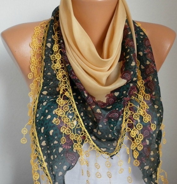 Scarf Shawl  -  Cotton Weddings Scarves -  Cowl  with  Lace Edge - Light  Mustard