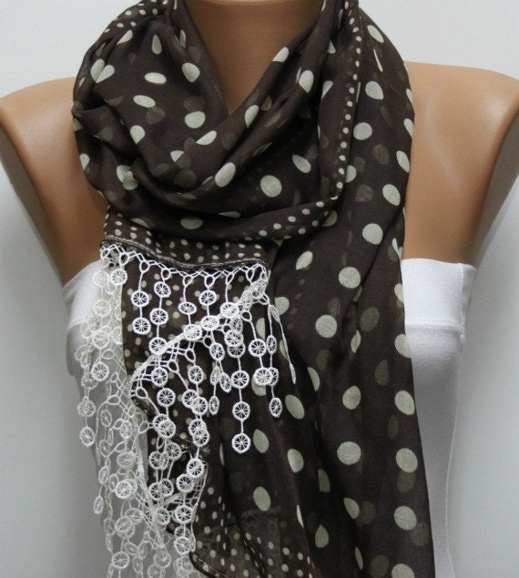 Polka Dot Scarf - Brown  Scarf -  Cotton Scarf  Cowl with  Lace Edge  Gift - Polka dot - fatwoman
