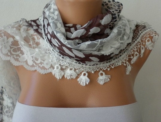Leopard Print Scarf  -   Cowl with Lace Edge - Leopard  Scarf - Brown Tones - fatwoman
