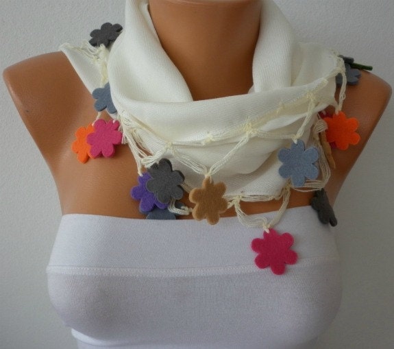 Creamy White Scarf -  Pashmina  Scarf -  Cowl Scarf - fatwoman bridesmaid gift with Lace Felt Colorful Flower Edge   -
