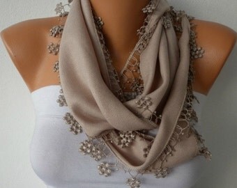 Beige Scarf  -  Pashmina Scarf  -  Cowl with Lace Edge