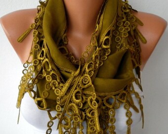 Olive Green Scarf -  Pashmina Scarf  -  Cowl with Lace Edge