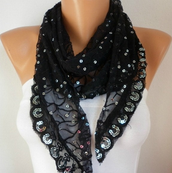Black Lace Sequin  Scarf  - Cowl Scarf with Lace Edge Bridesmaid Gifts - fatwoman
