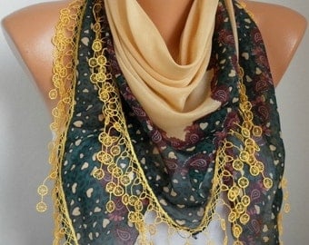 Scarf Shawl  -  Cotton Weddings Scarves -  Cowl  with  Lace Edge - Light  Mustard