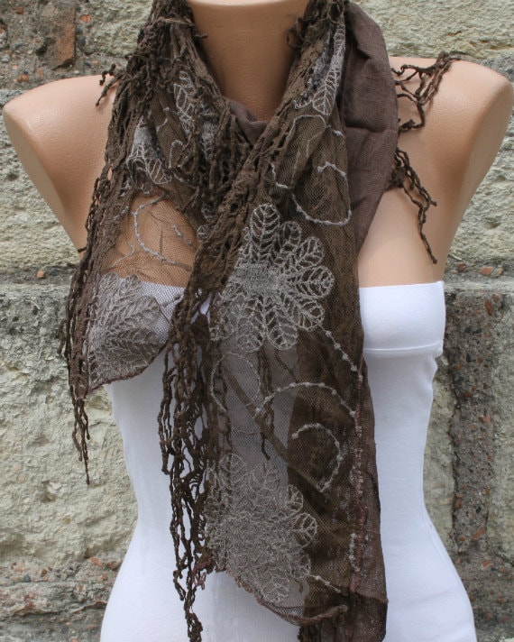 Brown Shawl Scarf - Cowl with Lace Edge